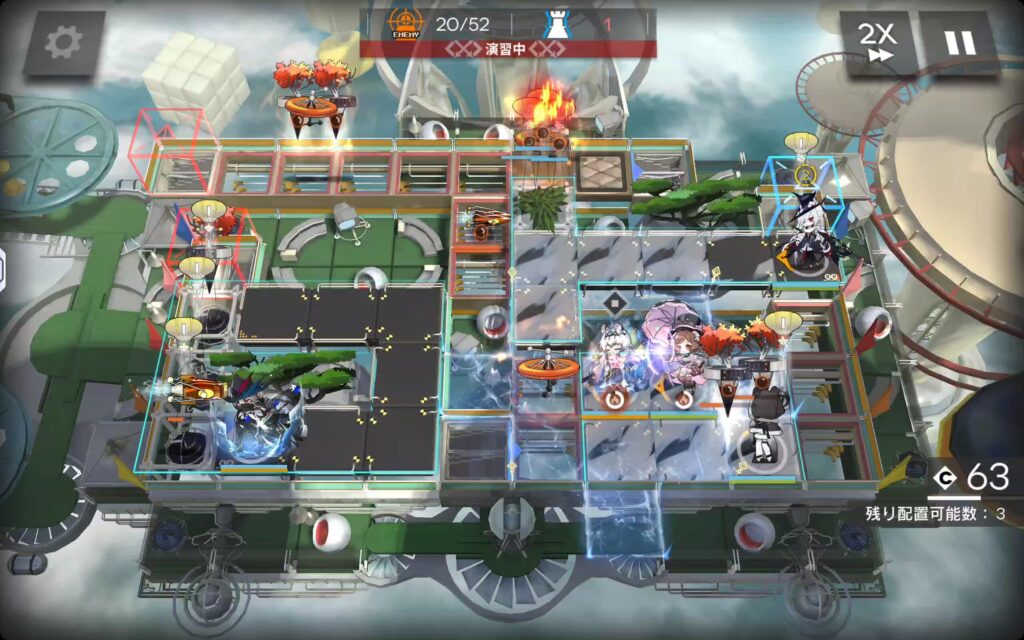 UR-EX-6、右下で木とプロペラの破壊を行う聖聆プラマニクスとエイヤフィヤトラ、その二人の灼熱損傷を回復するハニーベリー、特攻してくるサイダーを狩りつつウルピアヌスを支援するグレイディーア、左下で木と破天ボトルを相手取るウルピアヌス